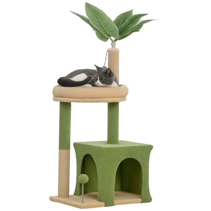 Árbol Rascador para Gatos 98 cm, Torre para Gatos con Hojas Artificiales, Cueva, Cama, Postes Rascadores, 2 Bolas de Juguete, Cubierto de Terciopelo, Verde