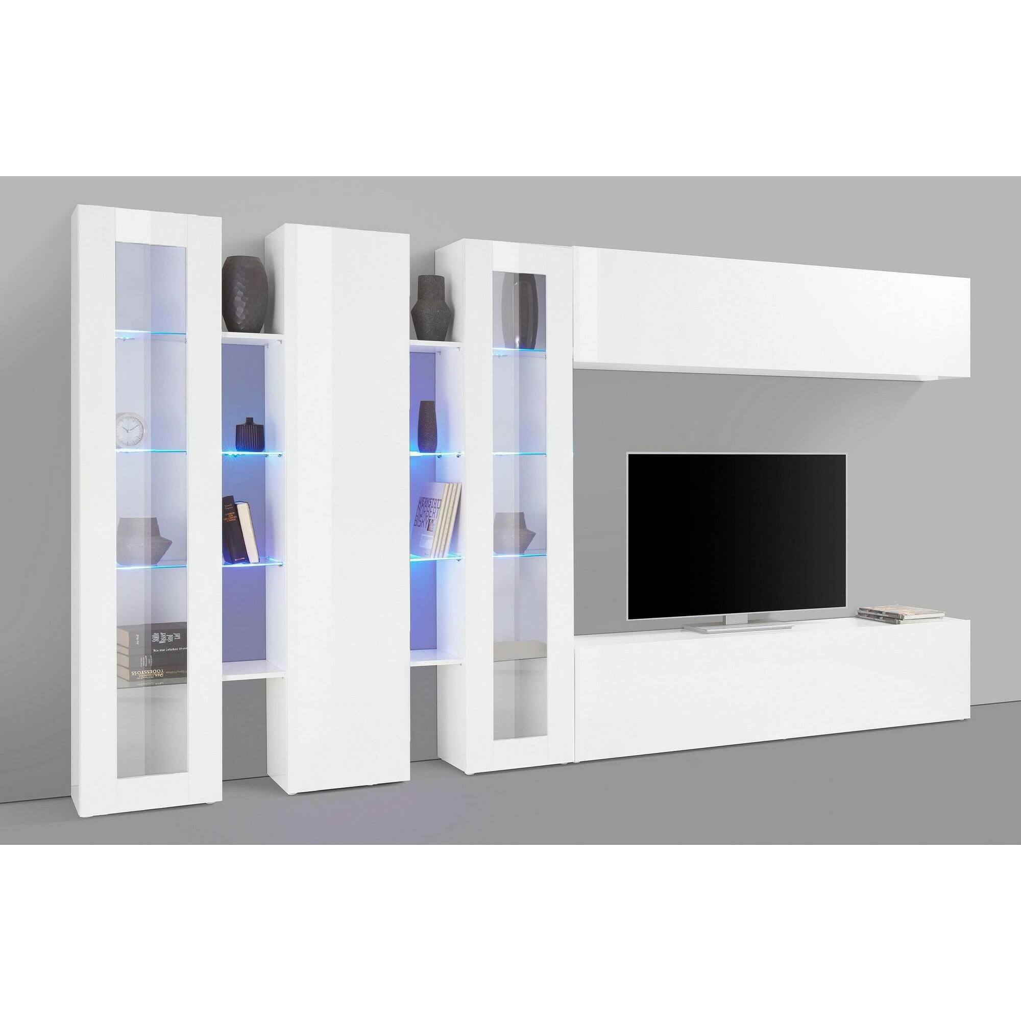 Parete attrezzata Clemente, Set salotto porta TV a 5 ante, Mobile soggiorno multiuso, 100% Made in Italy, cm 340x30h180, Bianco lucido