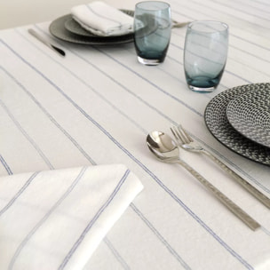 Nappe pur coton lavé motif jacquard blanc bleu Rimini blu