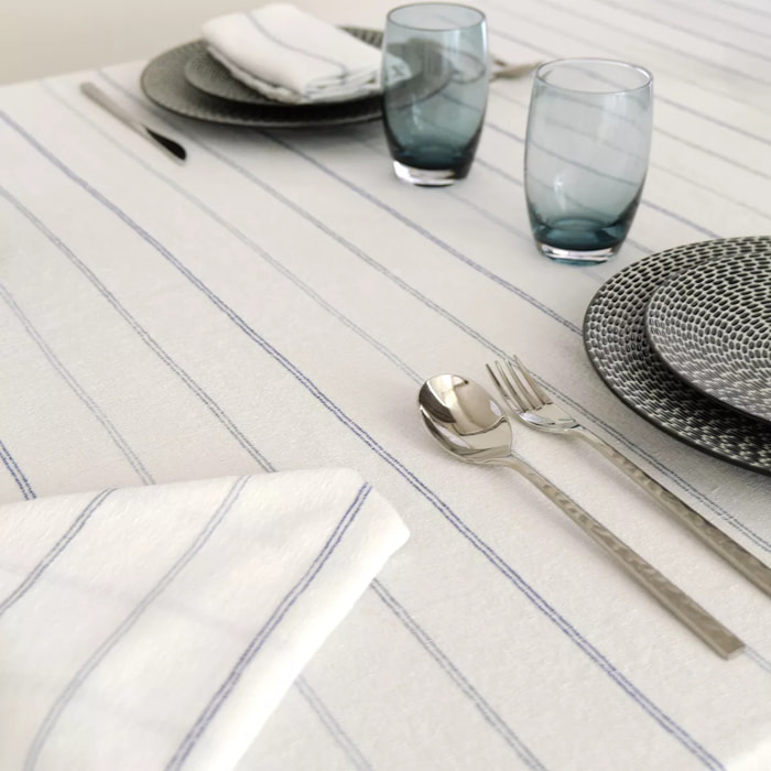 Nappe pur coton lavé motif jacquard blanc bleu Rimini blu