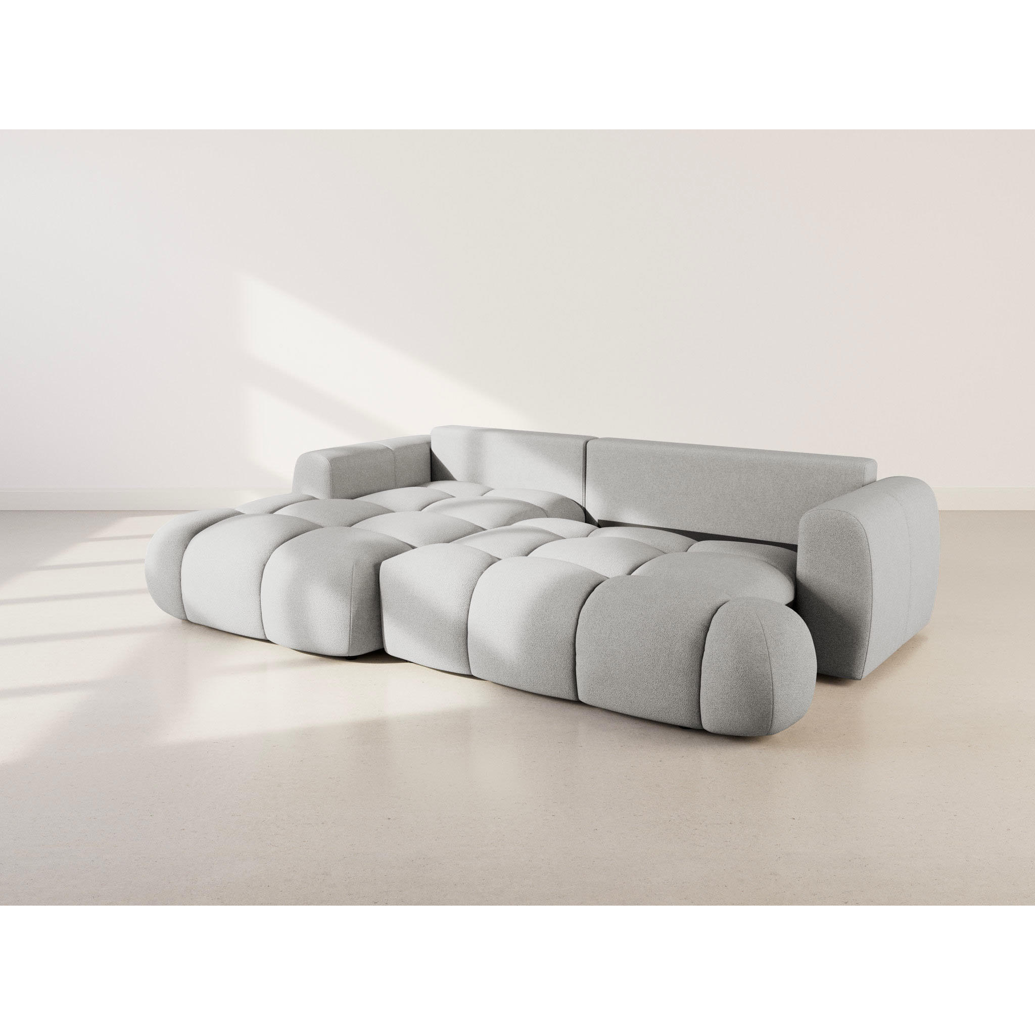 Yulin - Canapé d'angle gauche 4 places convertible avec coffre en tissu bouclette - Gris clair