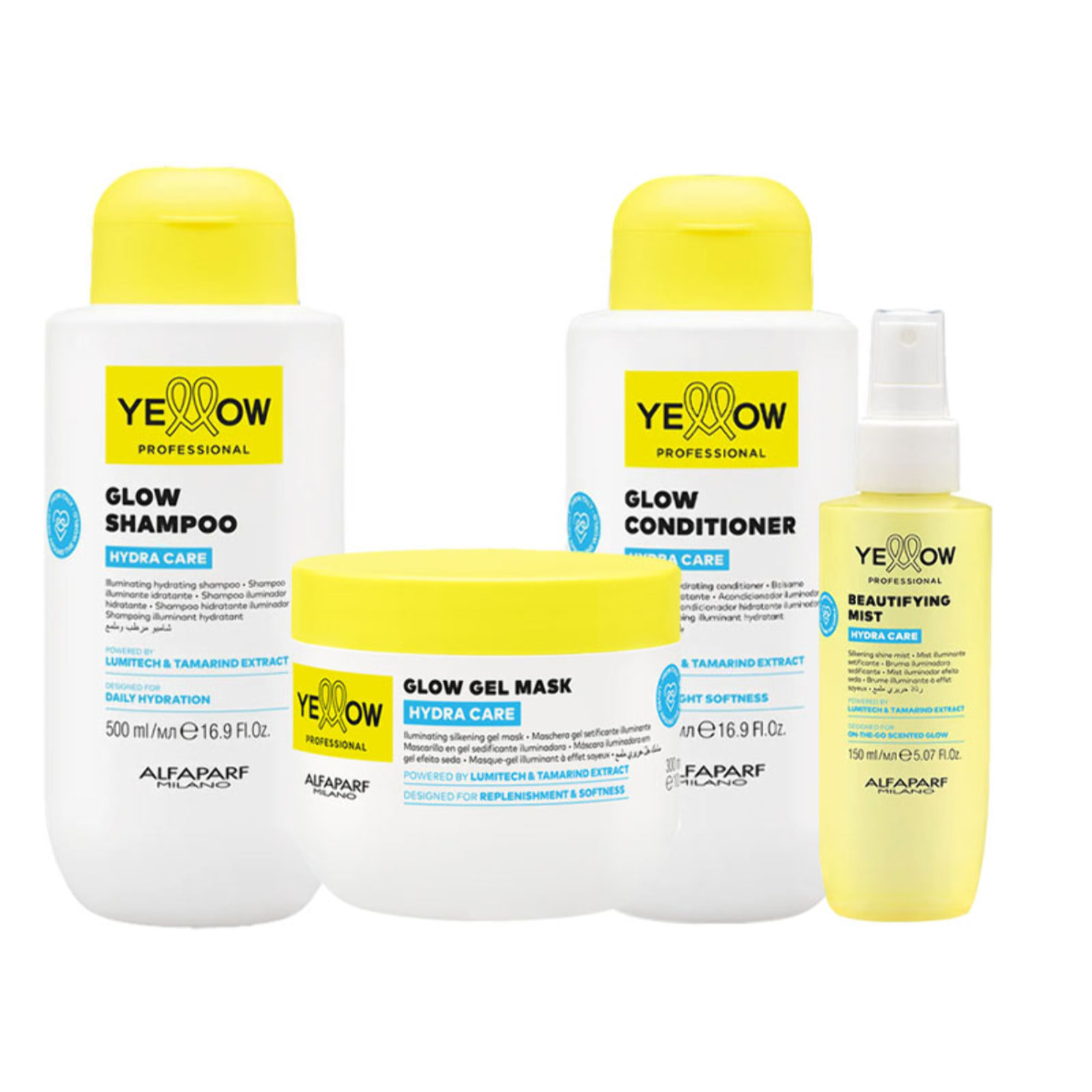 ALFAPARF Yellow Kit Hydra Care Glow Shampoo 500ml + Mask 300ml + Conditioner 500ml + Beautifying Mist 150ml