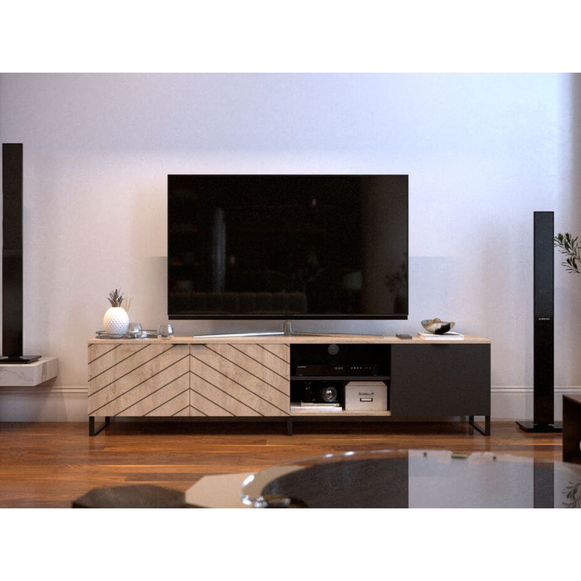 Auxane - meuble TV - bois et noir - 200 cm - style contemporain - Bois / Noir