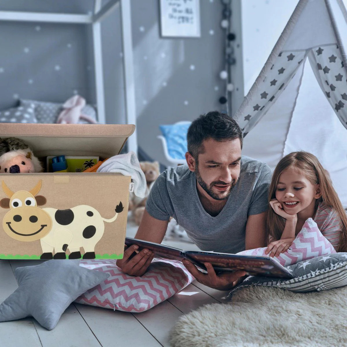Boîte de rangement en tissu pour enfant grand modèle "Vache" avec couvercle Lifeney