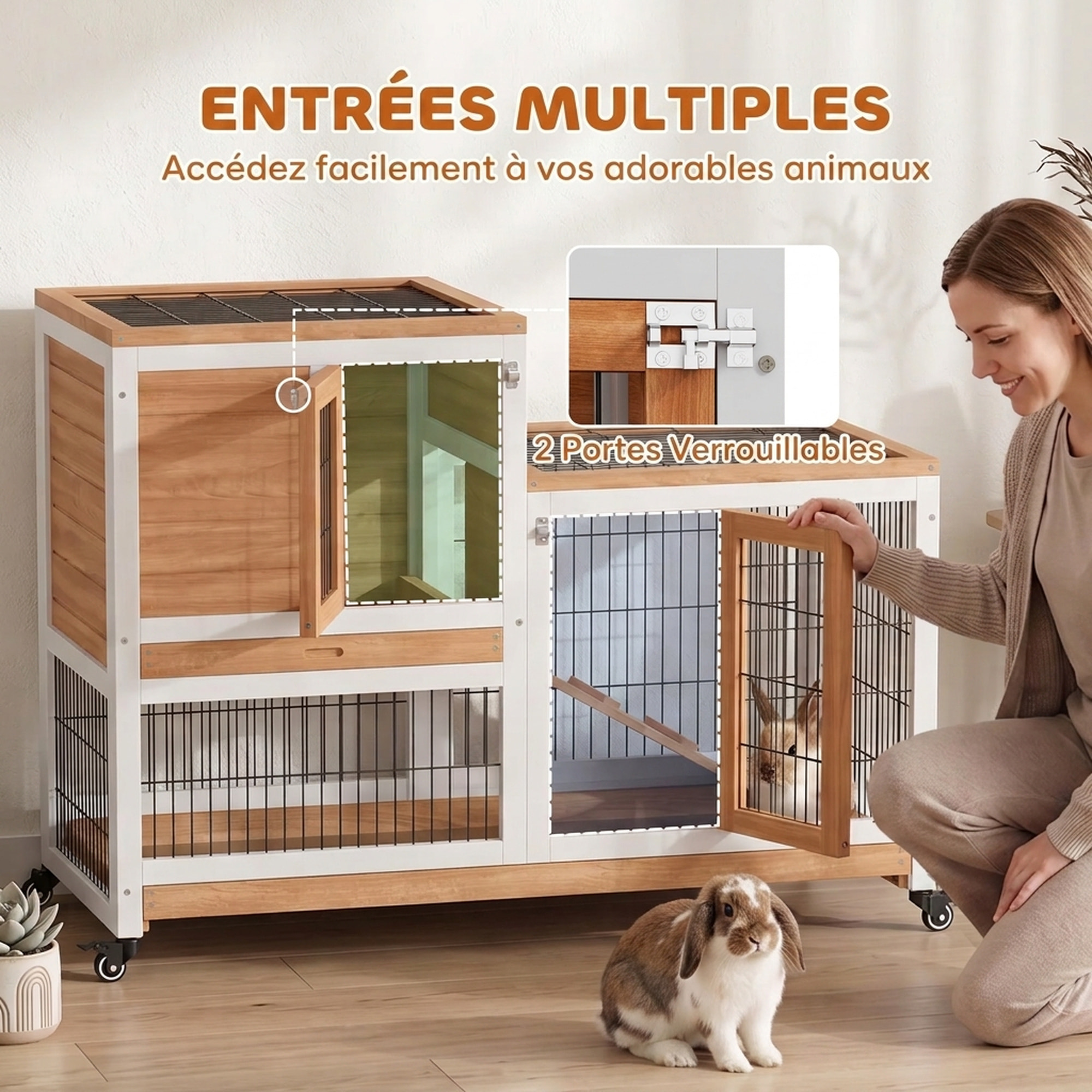 Clapier lapin mobile - niche, rampe, plateau déjection, 2 portes - bois blanc