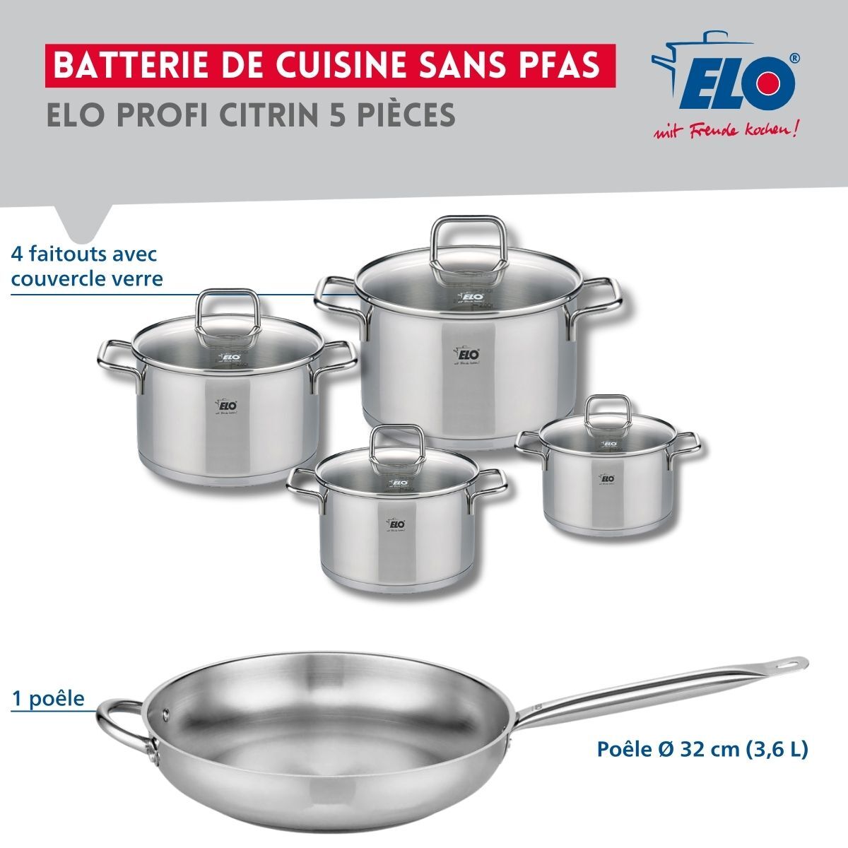 Set de 1 Poêle de cuisson 32 cm et 4 faitouts Elo Profi Citrin