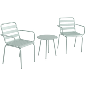 Salon de jardin bistro - table basse ronde Ø 60 cm 2 chaises empilables - acier thermolaqué vert de gris