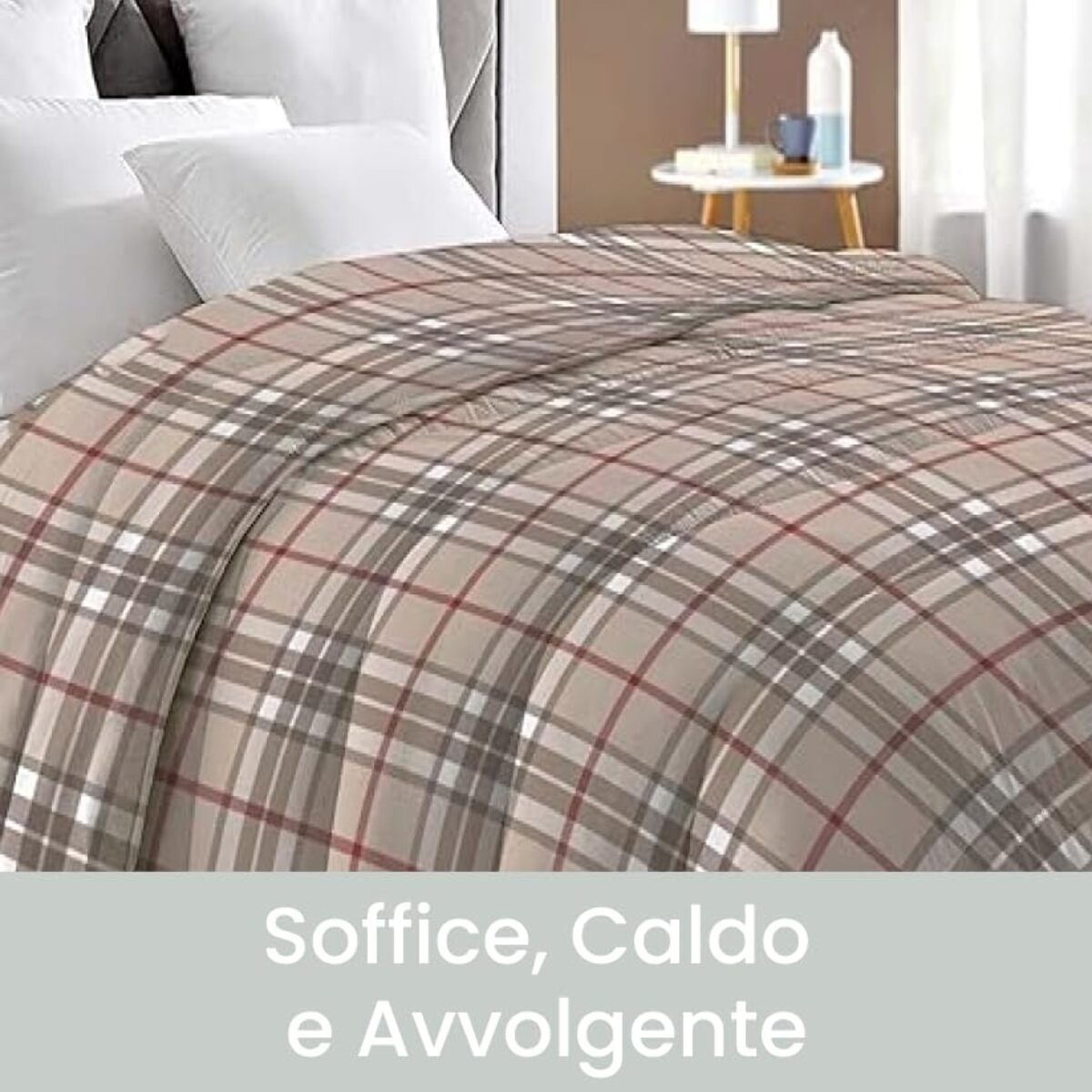 INTRECCI Piumino Matrimoniale, 260 x 260 cm, Piumino Ecologico, Caldo, Invernale, 300 g/m², Anallergico e Antiacaro, Made in Italy, Lavabile in Lavatrice, Soffice, Morbido. Fantasia: Scozzese Beige