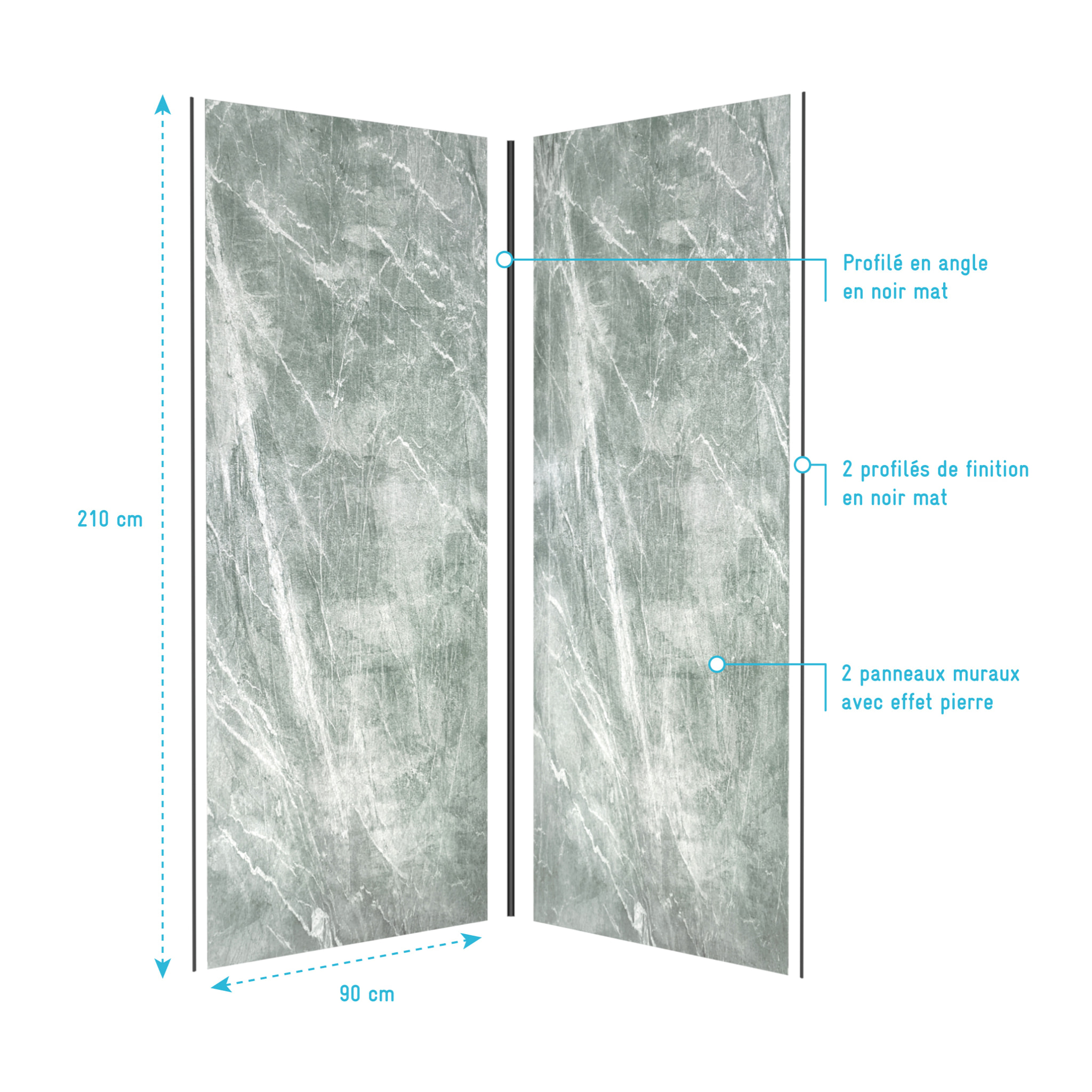 Pack de 2 Panneaux Muraux Pierre Artic Green 90+90x210 cm avec Profilés NOIR MAT - STONE'IT