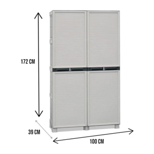 Armadio portascope da esterno o interno, Mobile a 2 ante e 3 ripiani in polipropilene, 100% Made in Italy, cm 100x39h172, colore Grigio chiaro