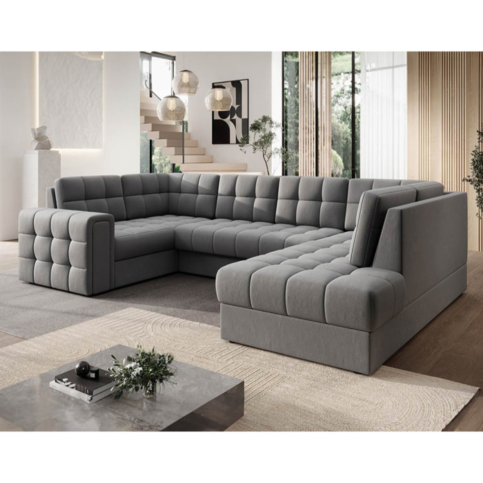 Nappa - Canapé panoramique d'angle gauche 7 places convertible avec coffre en velours - Gris clair