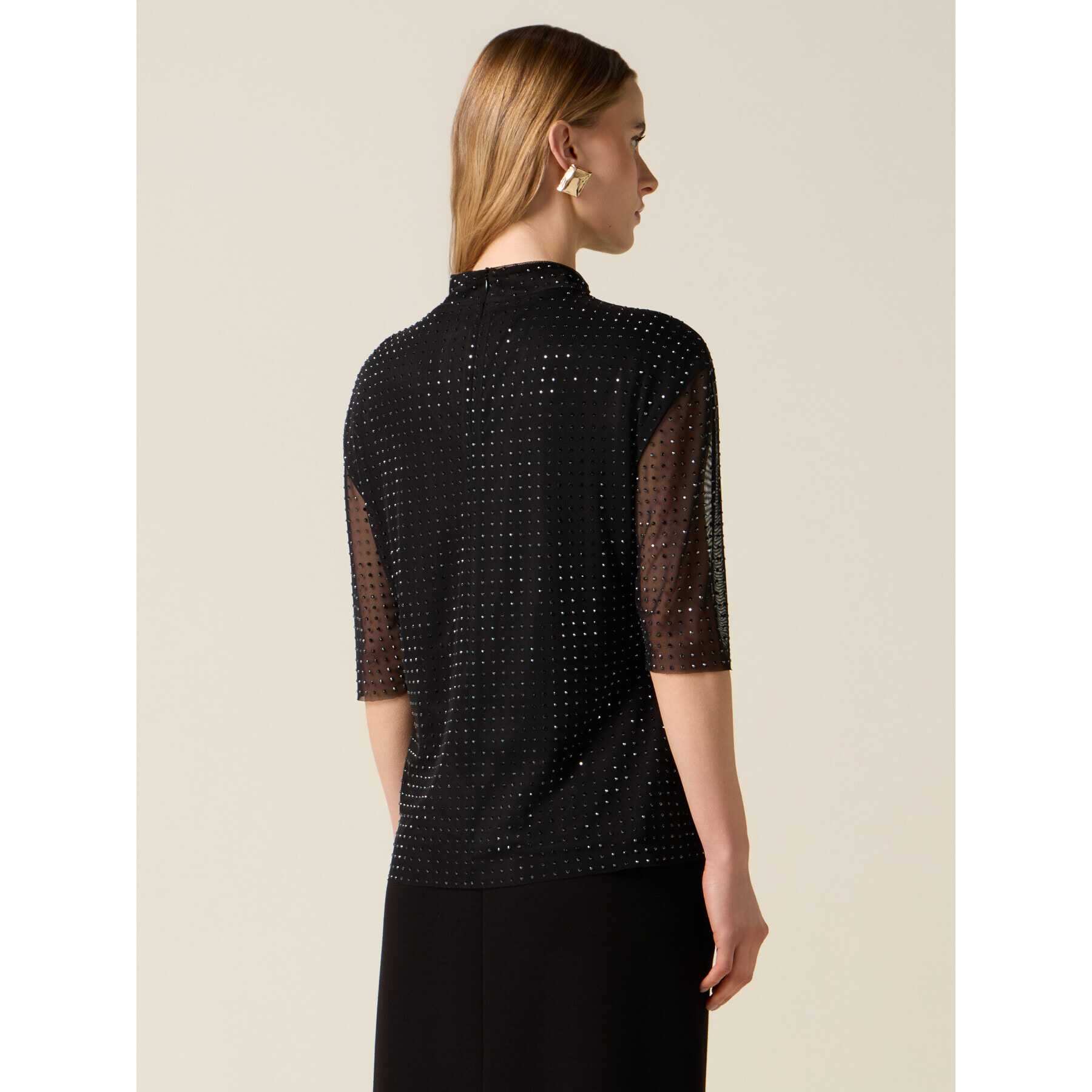 Oltre - T-shirt in tulle con cristalli neri - Nero