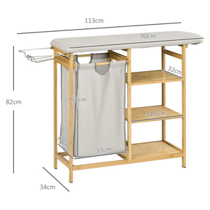 Cesto de Ropa Sucia 57,4L, Cesta Ropa Sucia de Bambú con Tabla de Planchar, Soporte para Plancha, 3 Estantes y Bolsa Extraíble, Estantería de Baño para Lavandería, 113x34x82 cm, Natural
