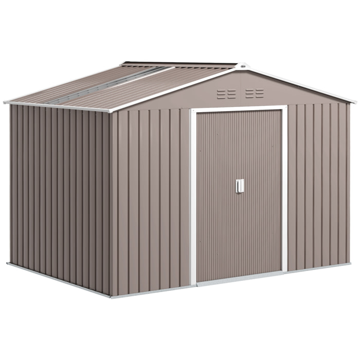 Caseta de Jardín Exterior, 4,9 m² 277x195x192 cm, Cobertizo de Jardín Exterior Metálico con Techo de Fibra de Vidrio, Puerta Corredera, Base Refuerzo (Suelo NO Incluido) y Ventanas Gris Claro