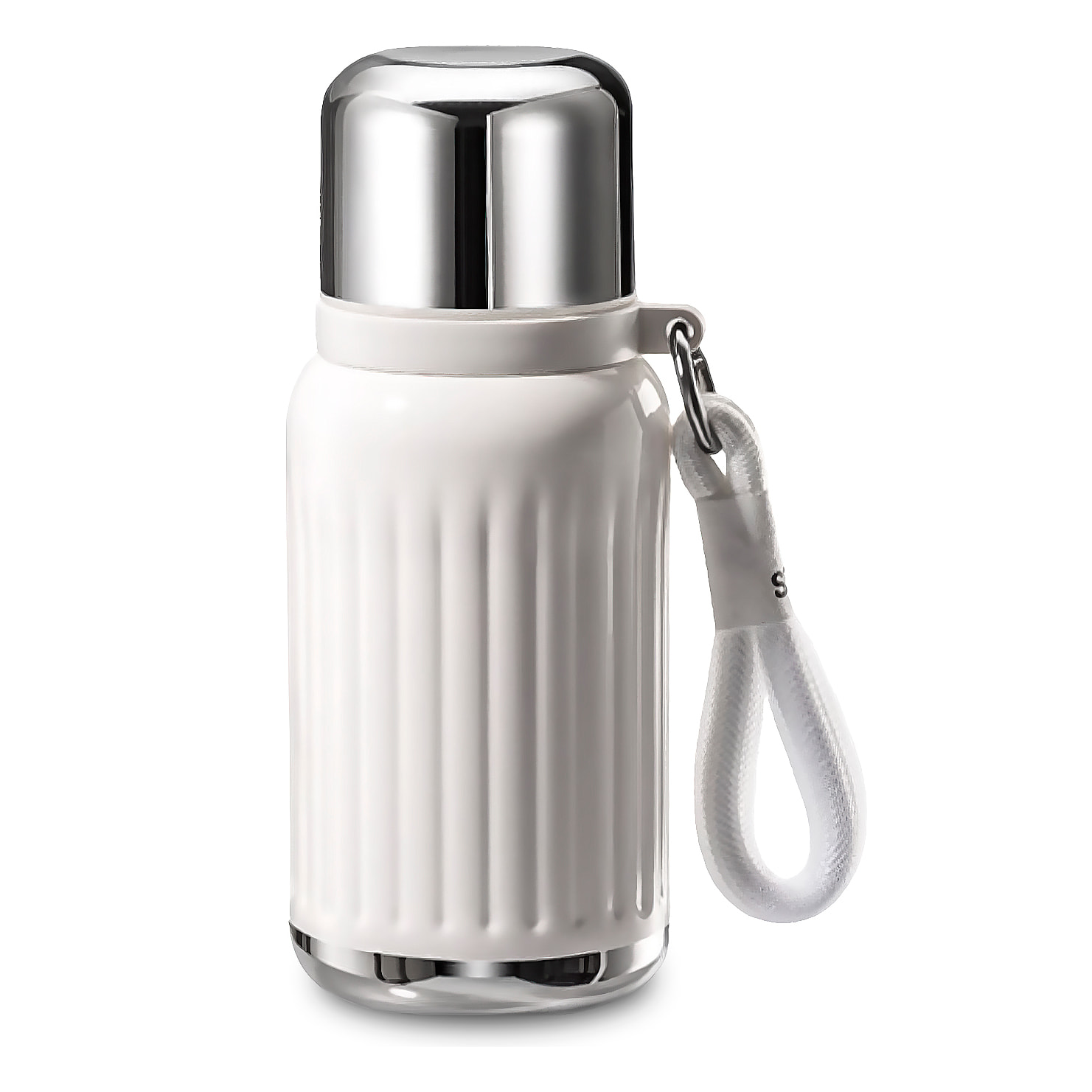Termo MD-K933 de 300 ml con sellado antifugas, colador para infusiones y tapa convertible en vaso. Incluye apertura de 180°, cordón desmontable y excelente conservación térmica.