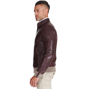 Giubbotto bomber in pelle naturale bordeaux lana a contrasto beige