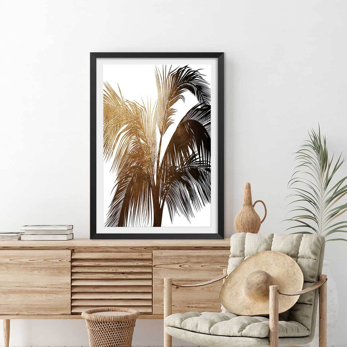 Poster tropicale palme de bronze Affiche + cadre en bois - Noir