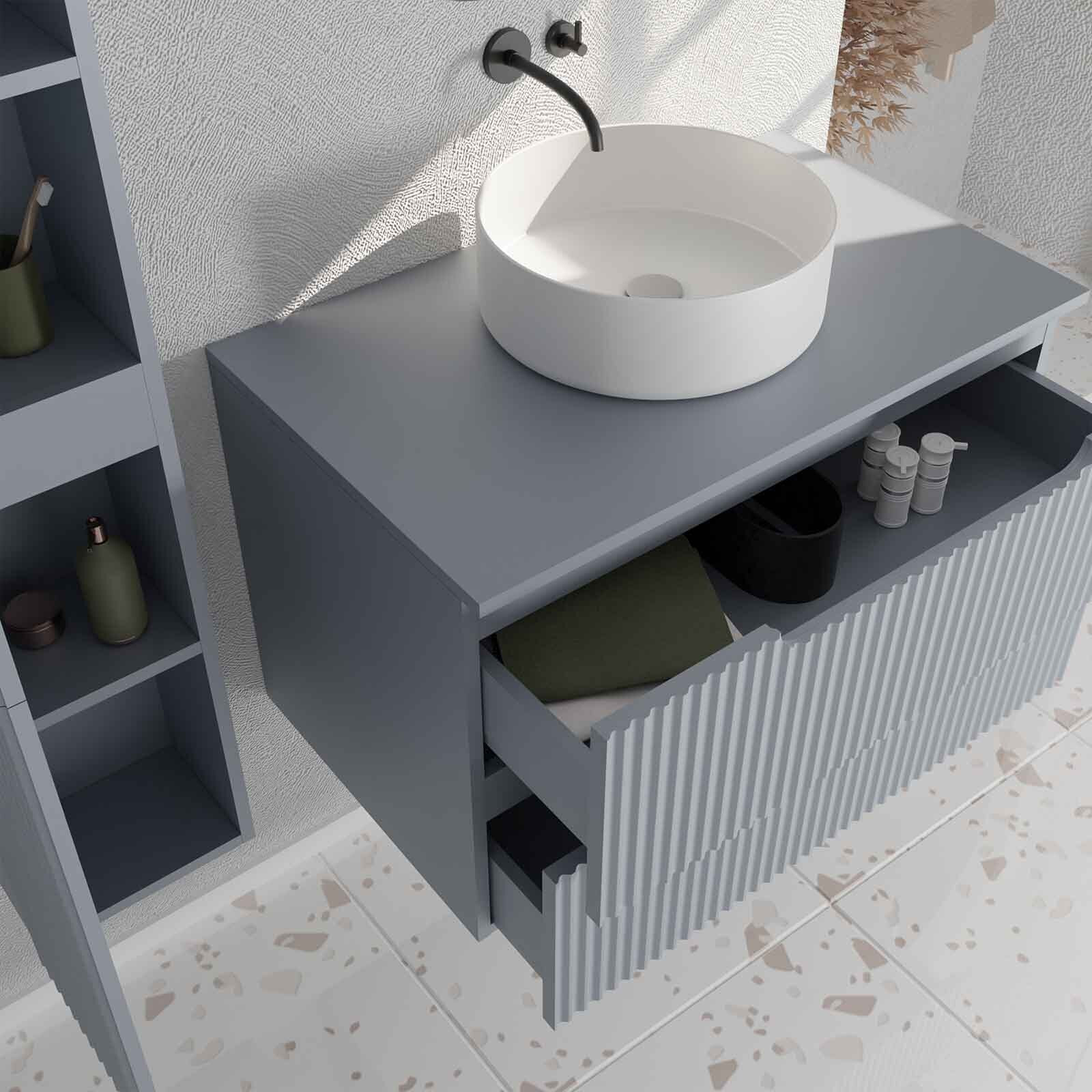Meuble et colonne de Salle de Bains LEON 80cm Gris souris - Façades Ondulées - Vasque Ronde 36cm