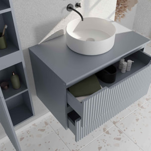 Meuble et colonne de Salle de Bains LEON 80cm Gris souris - Façades Ondulées - Vasque Ronde 36cm