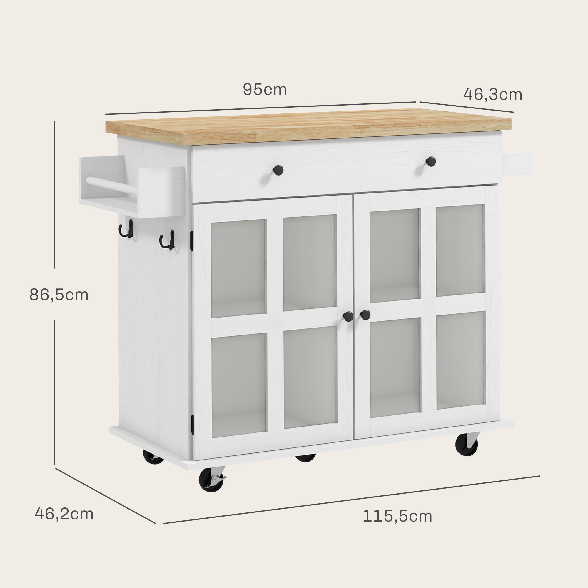 Desserte de cuisine multi-rangement - 2 portes, 2 étagères, tiroir, porte-épices, porte-torchon - blanc bois hévéa