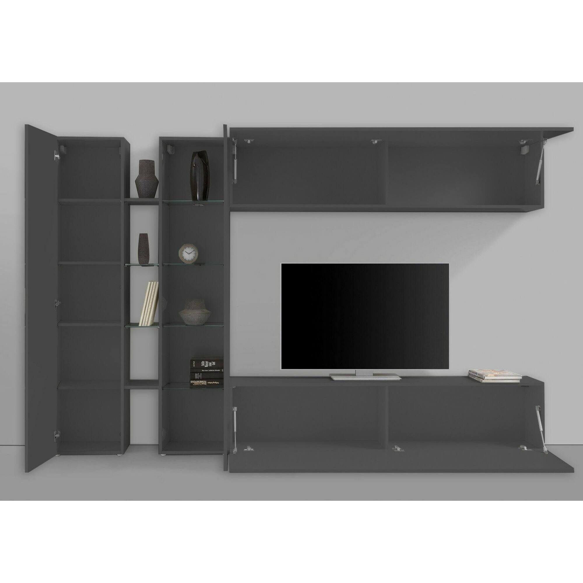 Parete attrezzata Costante, Set salotto porta TV a 4 ante, Mobile soggiorno multiuso, 100% Made in Italy, cm 280x30x180, Antracite