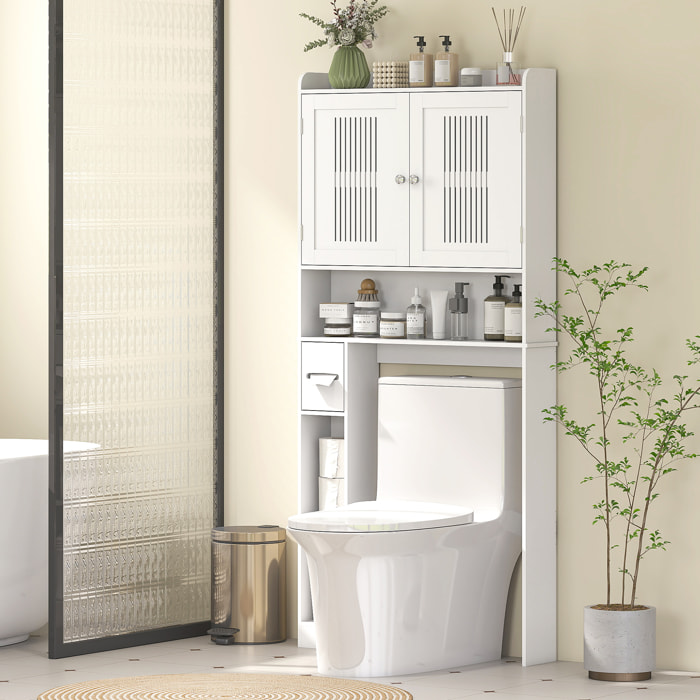 Meuble WC dessus de toilette 2 portes ajourées étagère 3 niches + rouleau papier blanc