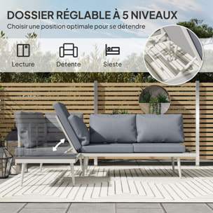 Ensemble salon de jardin modulable 4 personnes 3 pièces design métal crème coussins gris