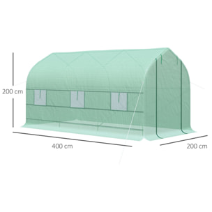 Invernadero de Jardín 400x200x200 cm Tipo Túnel con 6 Ventanas y Puerta Verde