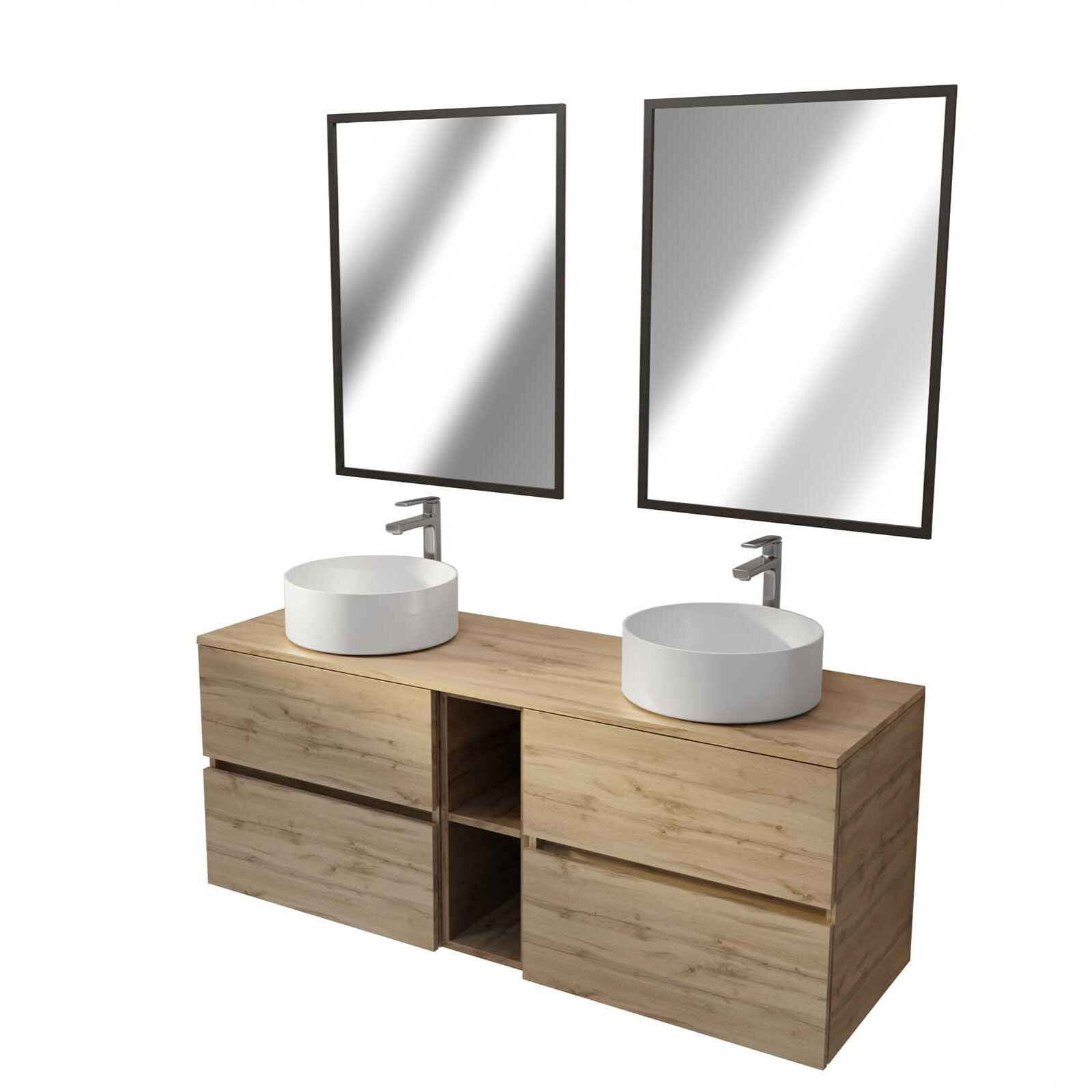 Meuble Salle de Bains 140 TIMBER Décor Chêne 4 Tiroirs et Module 2 Vasques Blanches 2 Miroirs 60x80