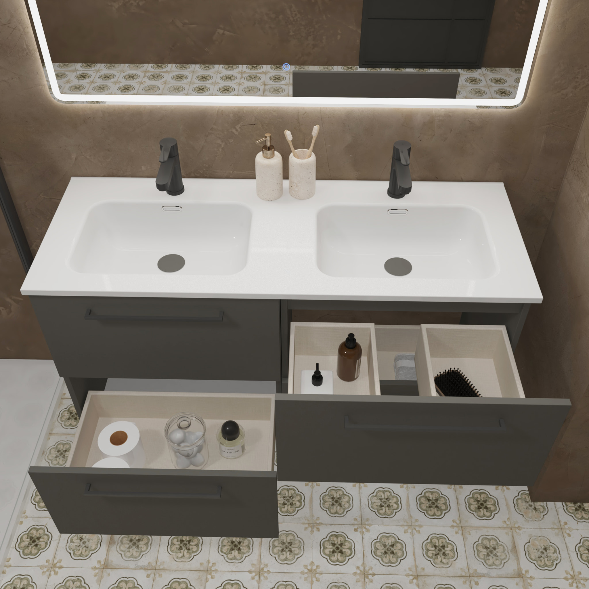 Conjunto de Baño Vex | 120 cm Gris| Cuatro Cajones | Lavabo Encastrado | No incluye Espejo | Mueble Montado | Alday