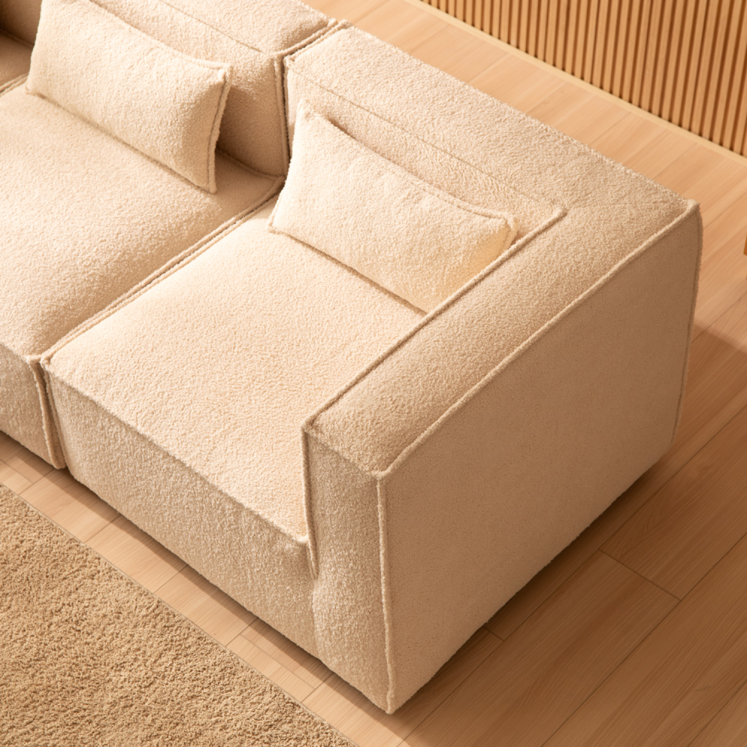 RAMOS Canapé modulable 3 places bouclette beige avec pouf