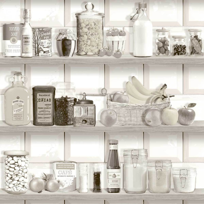 Papier peint étagère cuisine vintage sépia blanc