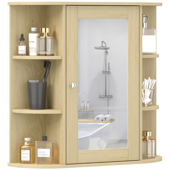 Armario de Baño con Espejo, Armario de Pared con Puerta, Estantes Abiertos, Mueble de Baño Colgar para Cocina, Salón, 66x17x63 cm, Natural
