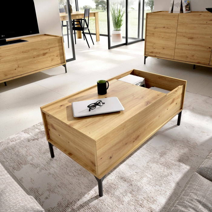 Tavolino da salotto Alexius, Porta riviste da soggiorno con vano portaoggetti, Tavolo basso da caffè elevabile, 99x60h41 cm, Rovere Nodi