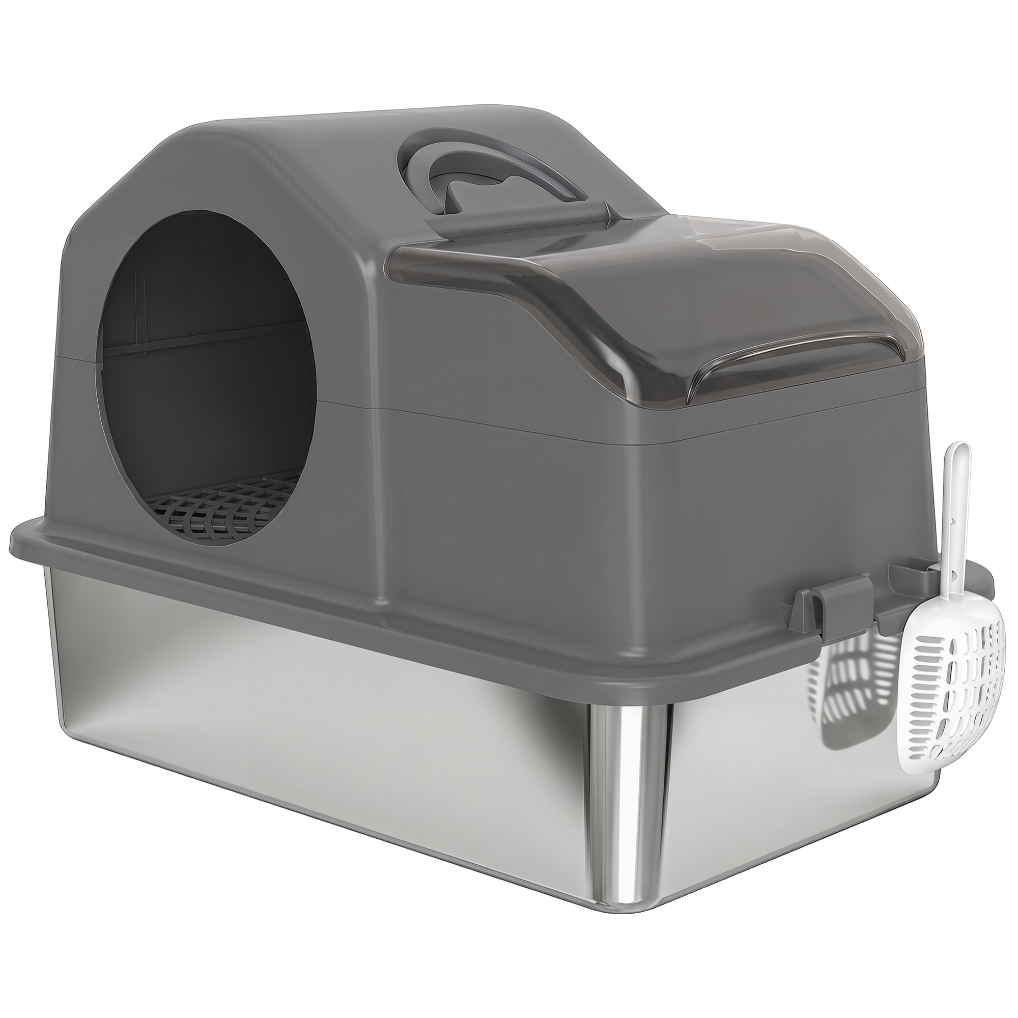 Maison de toilette bac à litière chat - 60 x 40 x 28 cm - pelle, poignée - acier inox plastique gris