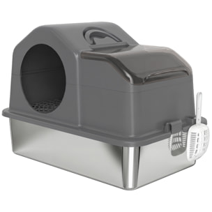 Maison de toilette bac à litière chat - 60 x 40 x 28 cm - pelle, poignée - acier inox plastique gris