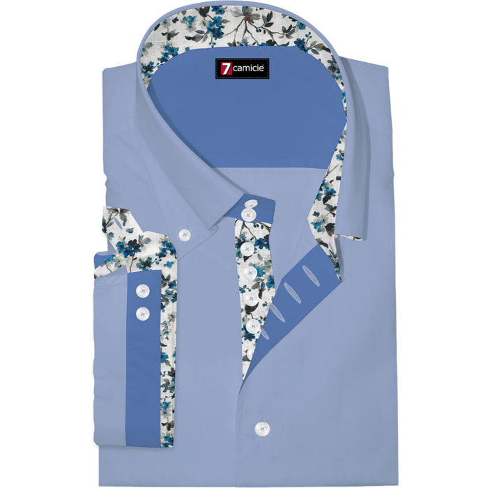Camicia Uomo Manica Corta 2 Bottoni Button Down 7 Botto Popeline Stretch Unito Celeste