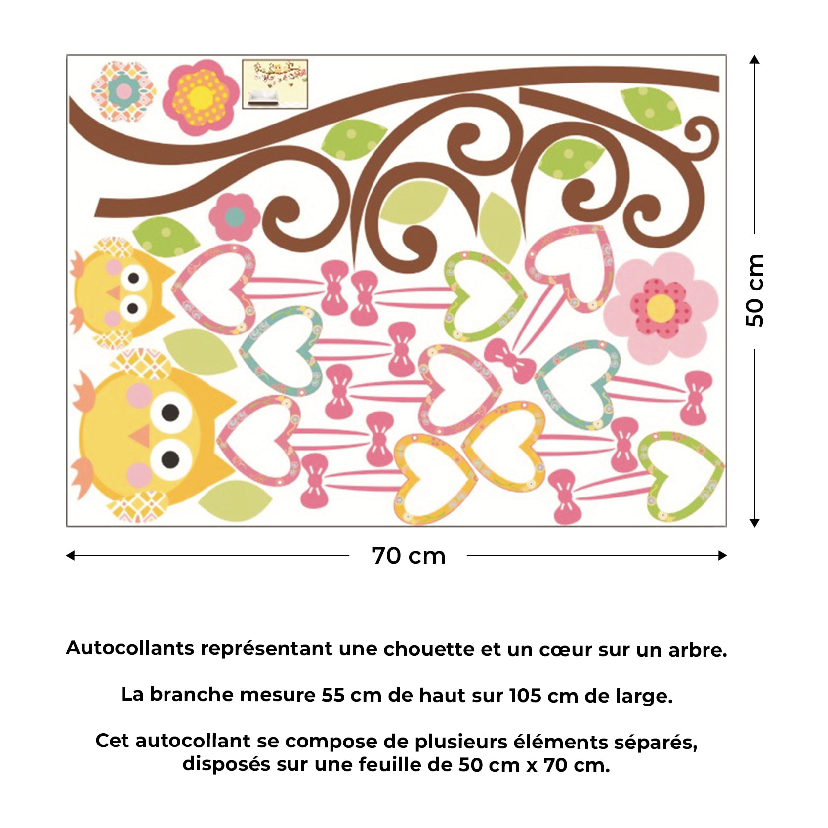 Stickers Muraux décoration adhésifs hiboux et cœurs sur un arbre