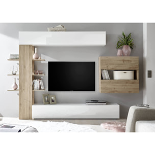 Parete attrezzata Aragosta, Composizione soggiorno, Mobile salotto multiuso, Armadio porta TV, Made in Italy, 295x30 h187 cm, Bianco lucido e Rovere