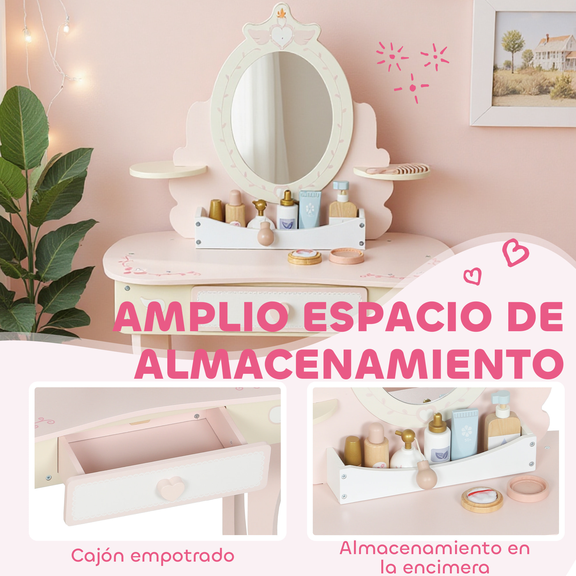 Tocador para Niñas, Tocador de Maquillaje Niñas, 2 en 1, Escritorio, con Taburete, Espejo, Cajón, 7 Accesorios, a Partir de 3 Años, Rosa