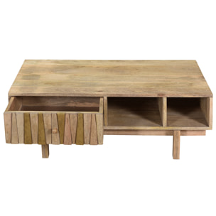 Table basse rectangulaire avec rangements bois manguier massif gravé et détails dorés L100 cm ZAIKA