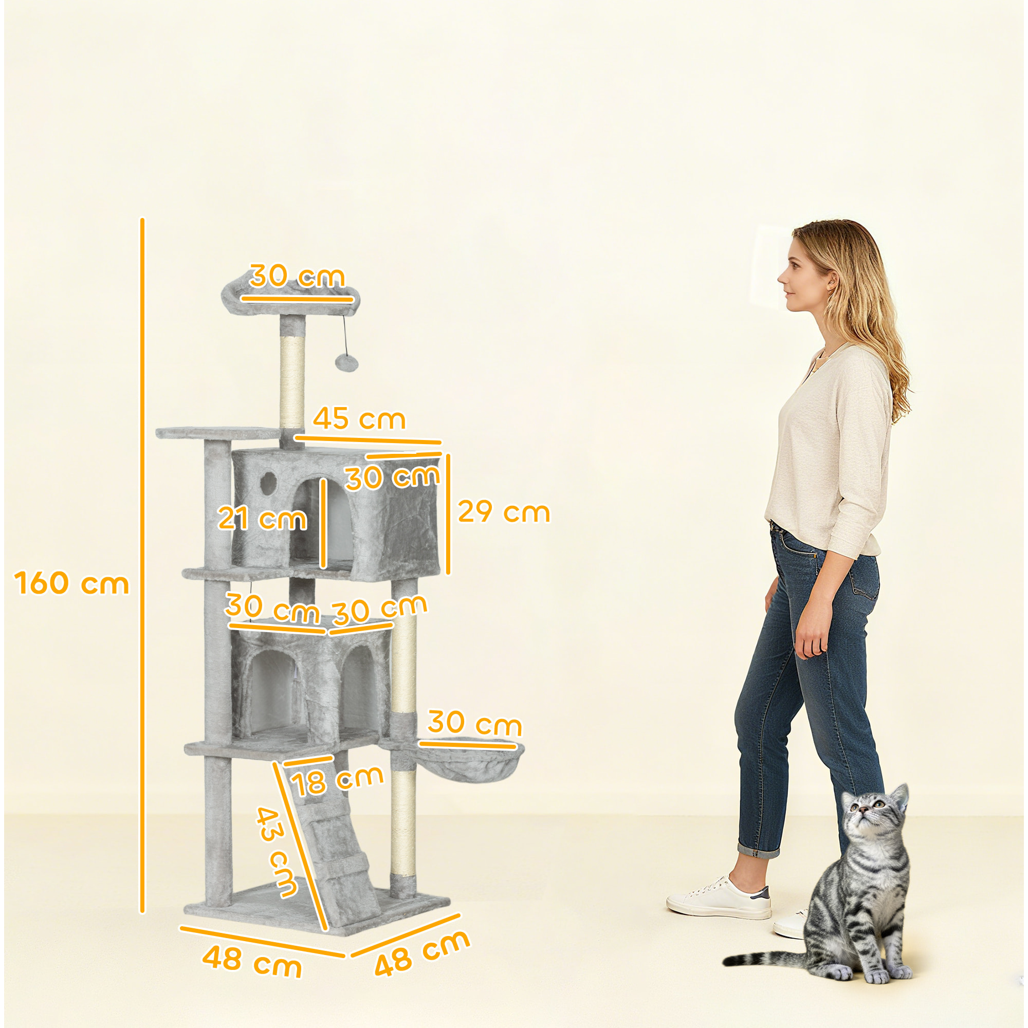 Árbol Rascador para Gatos, Árbol para Gatos 160 cm, Torre Escalador con Múltiples Plataformas, Cama, 2 Cuevas, Hamaca, Escalera, Postes de Sisal, Bolas para Jugar, Gris Claro