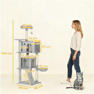 Árbol Rascador para Gatos, Árbol para Gatos 160 cm, Torre Escalador con Múltiples Plataformas, Cama, 2 Cuevas, Hamaca, Escalera, Postes de Sisal, Bolas para Jugar, Gris Claro