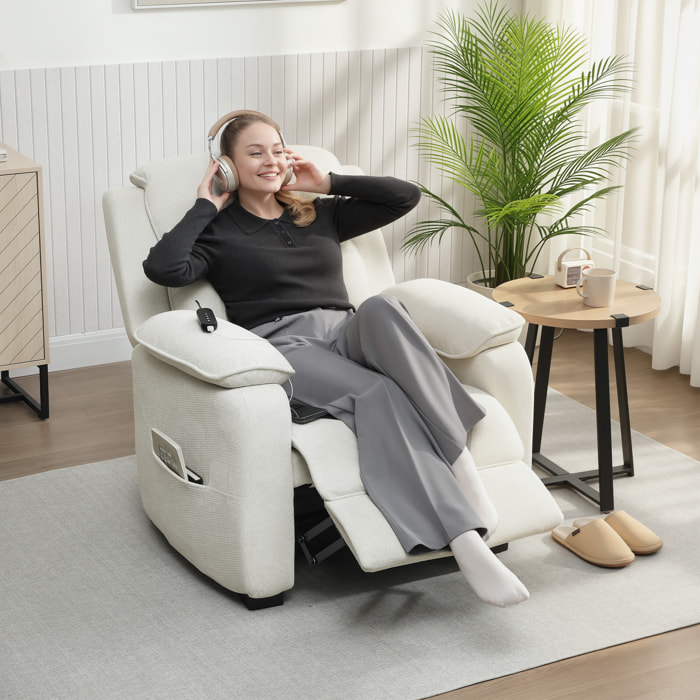 Sillón Relax Reclinable Eléctrico con Motor Silencioso, Sillón Reclinable de Terciopelo con Mando con 2 Posiciones de Memoria, Reposapiés, Reposacabezas, Puerto USB, Bolsillos, Blanco Crema