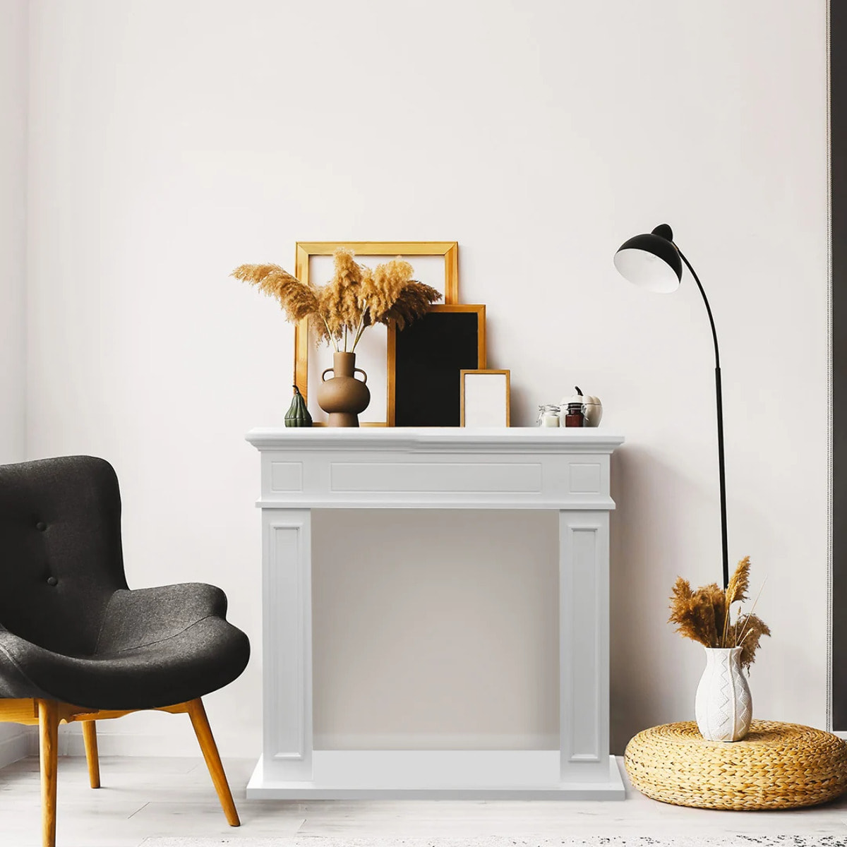 Jefferson - Cornice per Camino 89,5x90,5x28 cm Rivestimento Decorativo in Legno MDF Bianco