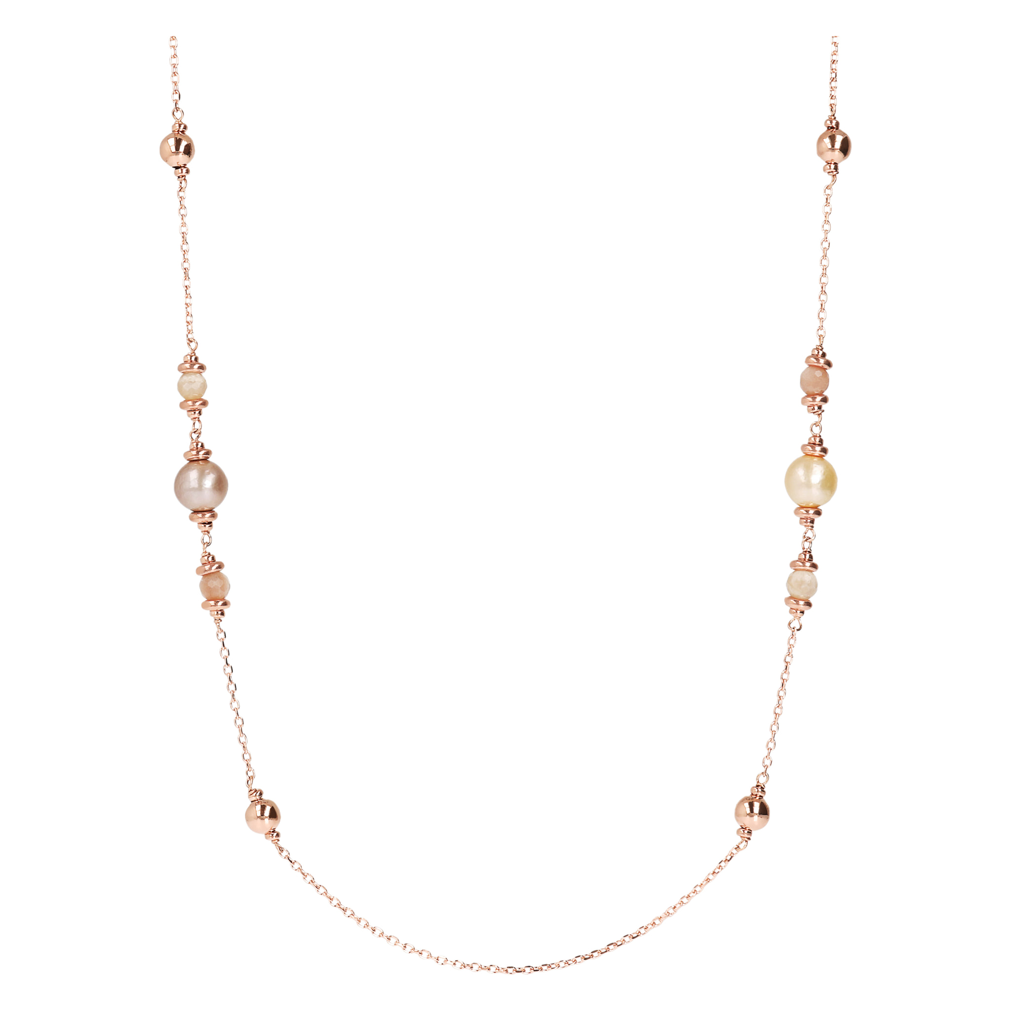 Collana Lunga con Bead Lucide, Pietra di Luna e Perle Rosa d'Acqua Dolce Ø 9/10 mm