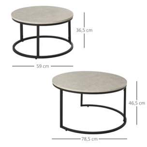 Lot de 2 tables basses rondes gigogne empilables plateau MDF gris et pieds en métal noir