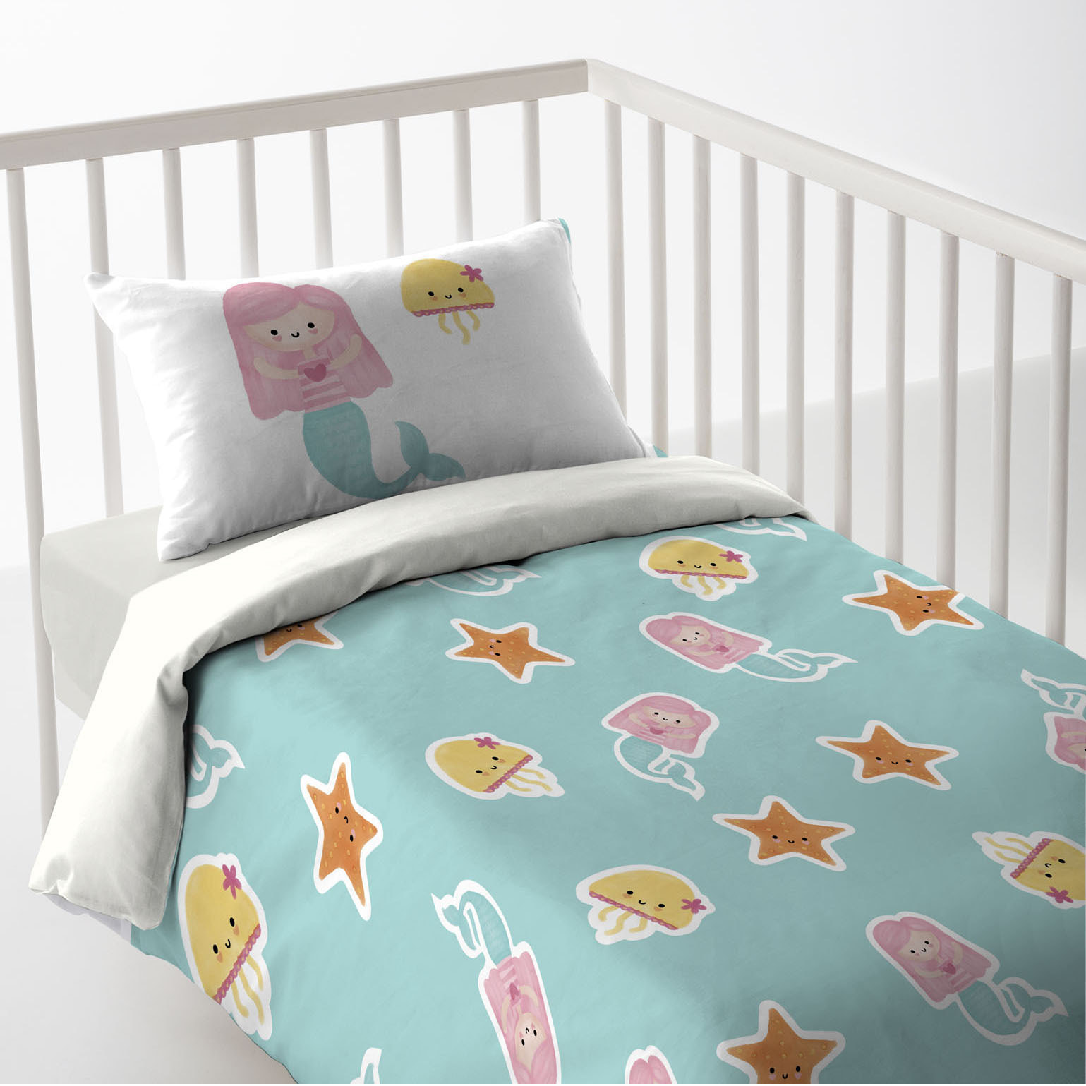 Kawanimals - Funda Nórdica Estampada - Infantil - Cierre Solapa - 100% Algodón - Incluye 1 Funda de Almohada - Cuna/Maxicuna - Mermaid