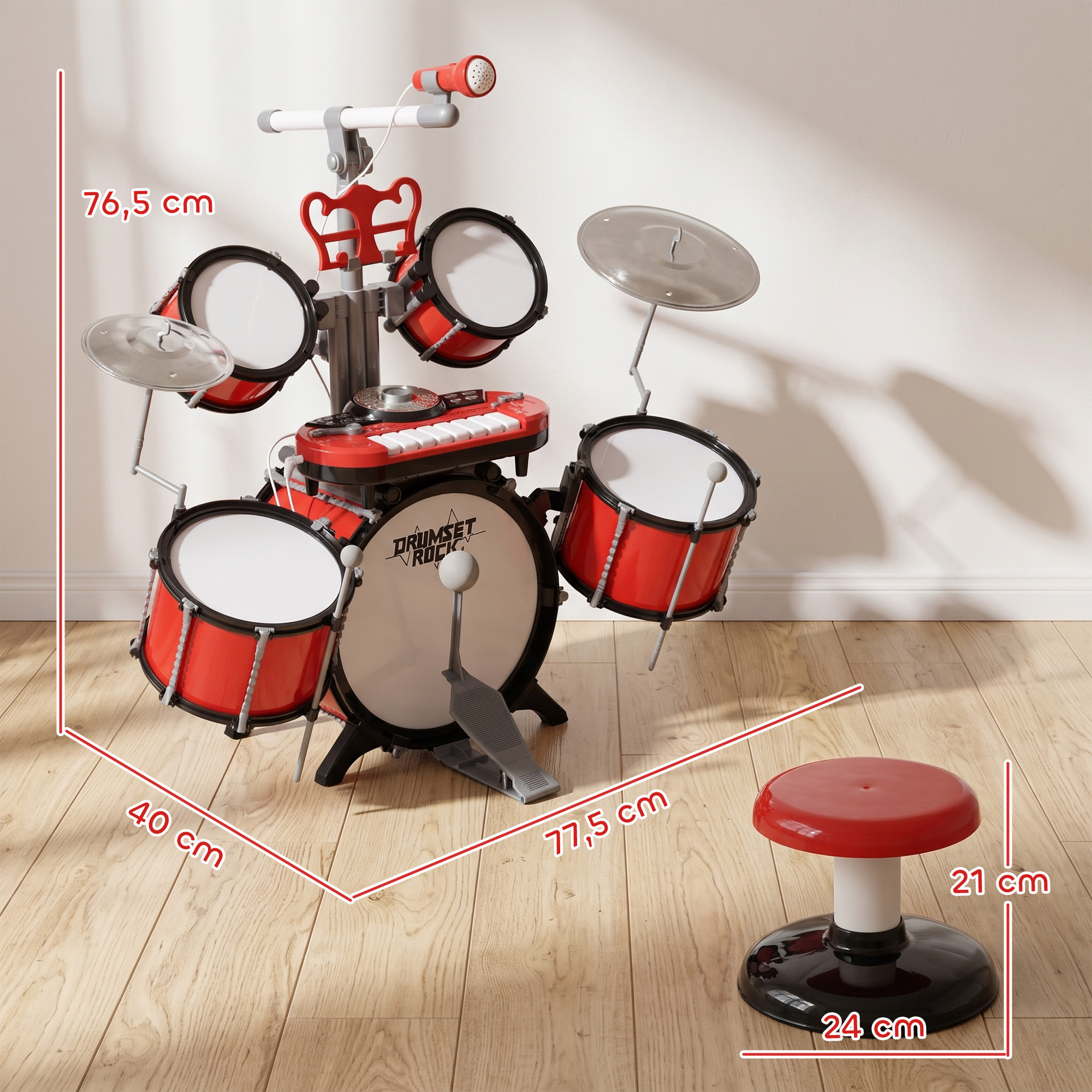 Kit de batterie enfant drum set avec tabouret micro connexion USB et accessoires
