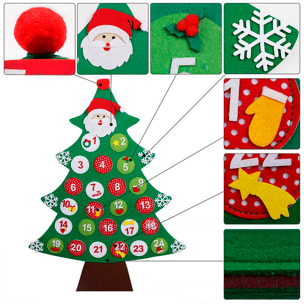 Calendario dell'Avvento con design di albero di Natale in peluche con decorazioni da parete. 85cm.